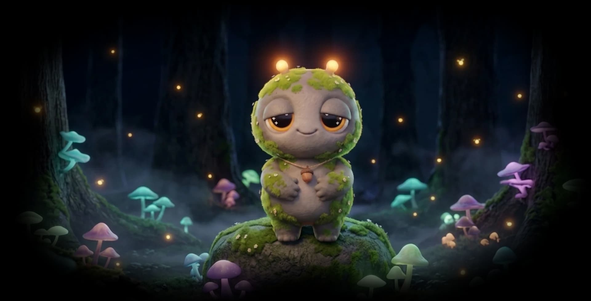 A Hotari standing in a glowing forest of mushrooms and ferns
