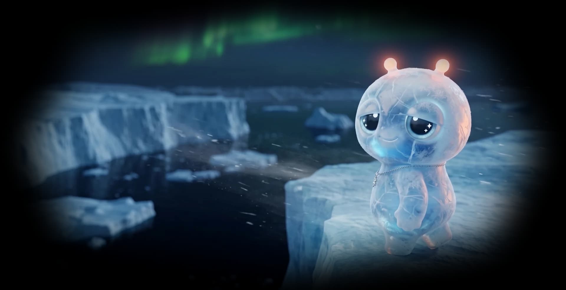 A glowing Hotari alone in a dark icy cave, antennae lit