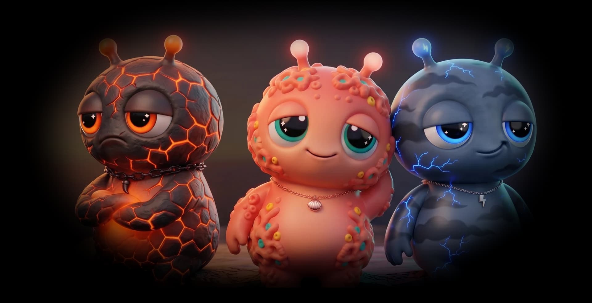 Three Kinlings standing together: volcanic, coral, and storm